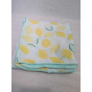 Cloud Island Baby Blanket Lemons Green Yellow White Swaddle Cotton Muslin PomPom